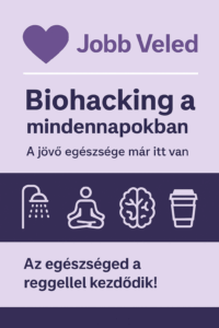 Digitális grafika, amely egy modern reggeli biohacking rutint ábrázol, természetes fényekkel, egészséges ételekkel és technológiai elemekkel.