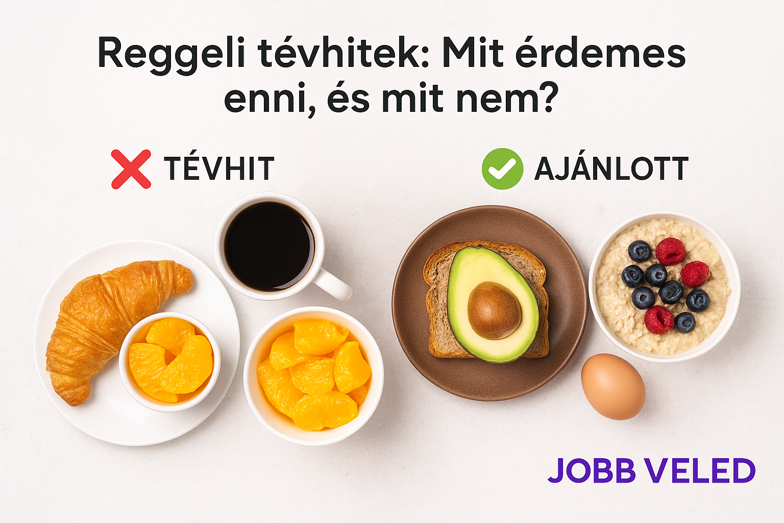 Egészséges reggeli választások és gyakori tévhitek összehasonlítása: tojás, zabkása, avokádó kontra péksütemény és cukros italok.